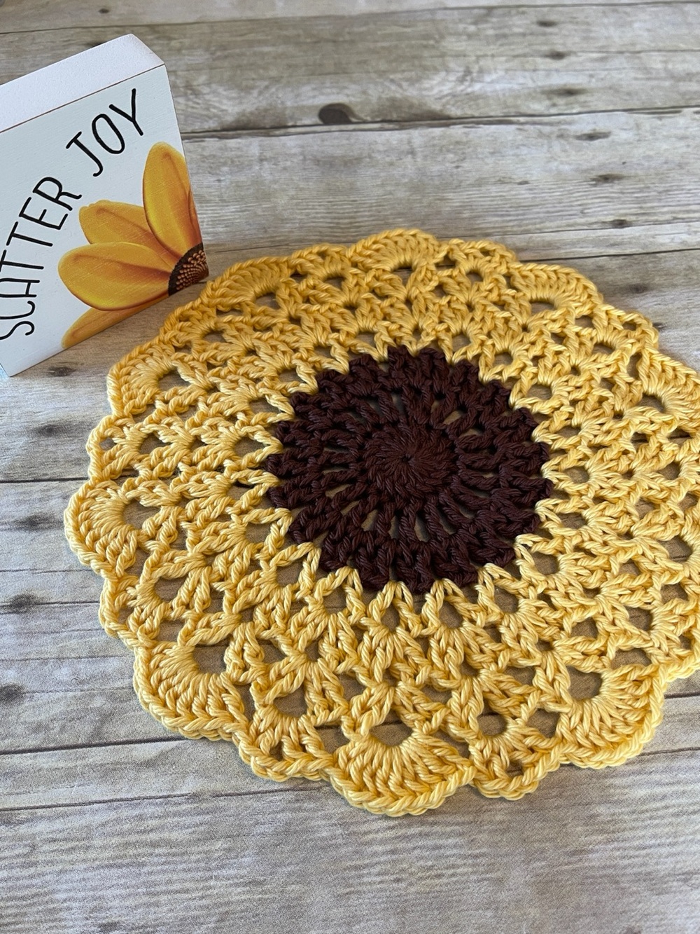 Yellow & Brown Crochet Sunflower Doily Handmade Scalloped Edges 10 In.